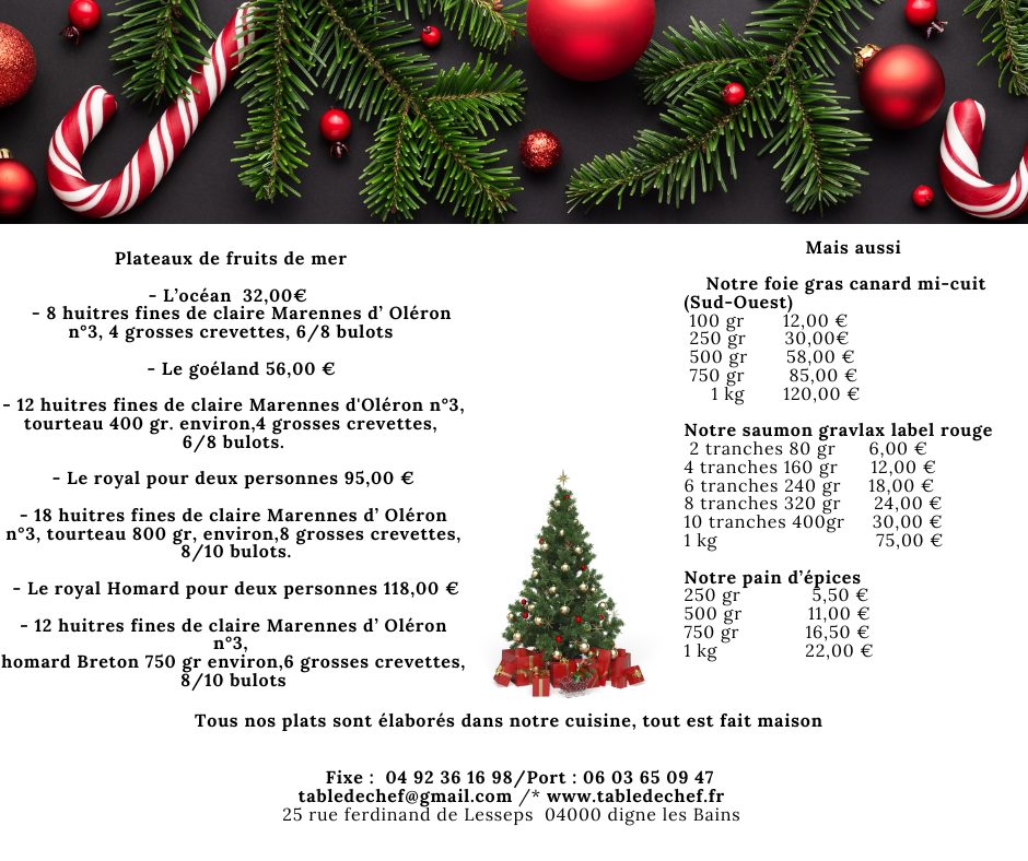 Menu de Noël Fruit de Mer 2025 - La table du chef
